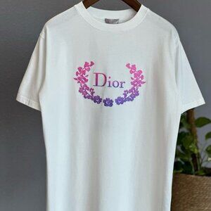 Classic White T-shirt with Elegant Floral Dior Logo Graphic